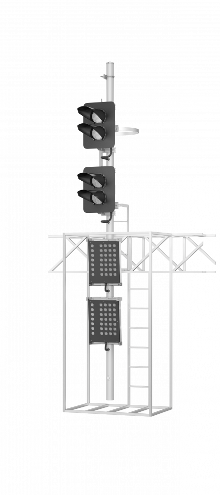 Светофор четырехзначный со светодиодными светооптическими системами с двумя маршрутными указателями на мостиках и консолях 17960-00-00 ТУ32 ЦШ 2141-2009 (со светодиодными светооптическими системами НКМР.676636.030ТУ)