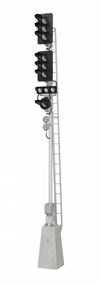 Светофор шестизначный со светодиодными светооптическими системами с указателем скорости, пригласительным сигналом и двумя трансформаторными ящиками 17973-00-00 ТУ32 ЦШ 2141-2009 (со светодиодными светооптическими системами НКМР.676636.030ТУ)