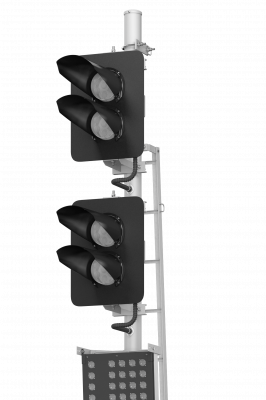 Светофор четырехзначный со светодиодными светооптическими системами с маршрутным указателем, пригласительным сигналом и трансформаторным ящиком 17966-00-00 ТУ32 ЦШ 2141-2009 (со светодиодными светооптическими системами НКМР.676636.030ТУ)