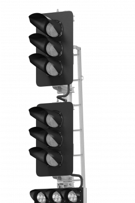 Светофор шестизначный со светодиодными светооптическими системами с указателем скорости, пригласительным сигналом и двумя трансформаторными ящиками 17973-00-00 ТУ32 ЦШ 2141-2009 (со светодиодными светооптическими системами НКМР.676636.030ТУ)