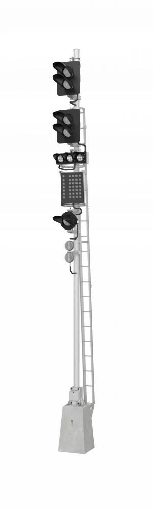 Светофор четырехзначный со светодиодными светооптическими системами с указателем скорости, маршрутным указателем и пригласительным сигналом 17967-00-00 ТУ32 ЦШ 2141-2009 (со светодиодными светооптическими системами НКМР.676636.030ТУ)