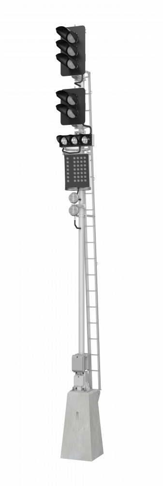 Светофор пятизначный со светодиодными светооптическими системами с указателем скорости, маршрутным указателем и двумя трансформаторными ящиками 17972-00-00 ТУ32 ЦШ 2141-2009 (со светодиодными светооптическими системами НКМР.676636.030ТУ)