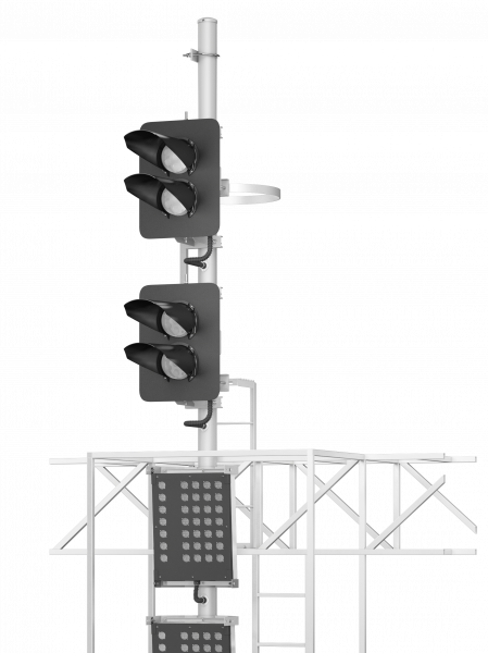 Светофор четырехзначный со светодиодными светооптическими системами с двумя маршрутными указателями на мостиках и консолях 17960-00-00 ТУ32 ЦШ 2141-2009 (со светодиодными светооптическими системами НКМР.676636.030ТУ)