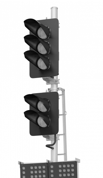 Светофор пятизначный со светодиодными светооптическими системами с двумя маршрутными указателями и трансформаторным ящиком (по габариту 3100) 18093-00-00 ТУ32 ЦШ 2141-2009 (со светодиодными светооптическими системами НКМР.676636.030ТУ)