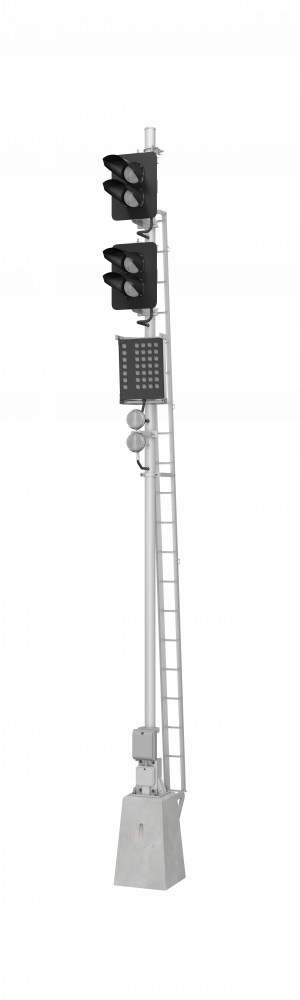 Светофор четырехзначный со светодиодными светооптическими системами с маршрутным указателем и трансформаторным ящиком 17952-00-00 ТУ32 ЦШ 2141-2009 (со светодиодными светооптическими системами НКМР.676636.030ТУ)