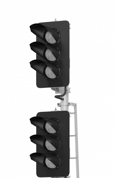 Светофор шестизначный со светодиодными светооптическими системами с двумя маршрутными указателями, пригласительным сигналом и трансформаторными ящиками 18046-00-00 ТУ32 ЦШ 2141-2009 (со светодиодными светооптическими системами НКМР.676636.030ТУ)