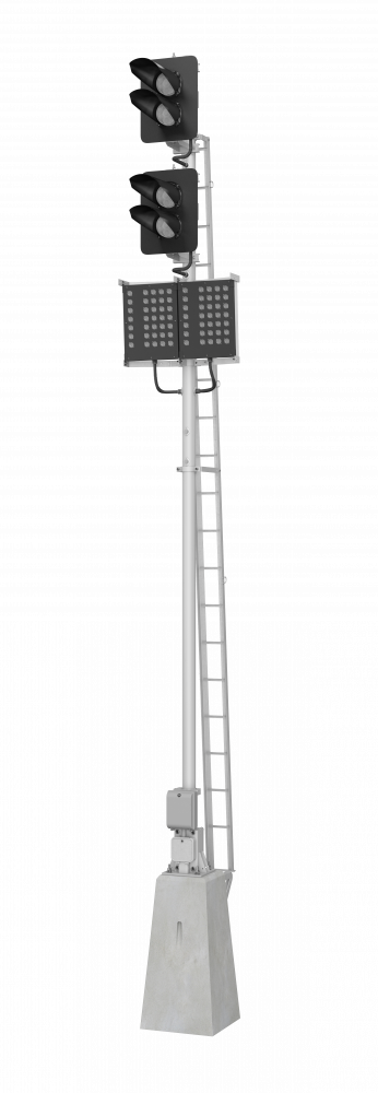 Светофор четырехзначный со светодиодными светооптическими системами с двумя маршрутными указателями и трансформаторным ящиком 17953-00-00 ТУ32 ЦШ 2141-2009 (со светодиодными светооптическими системами НКМР.676636.030ТУ)