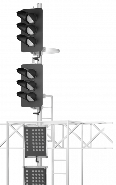 Светофор шестизначный со светодиодными светооптическими системами с двумя маршрутными указателями и пригласительным сигналом на мостиках и консолях 17964-00-00 ТУ32 ЦШ 2141-2009 (со светодиодными светооптическими системами НКМР.676636.030ТУ)