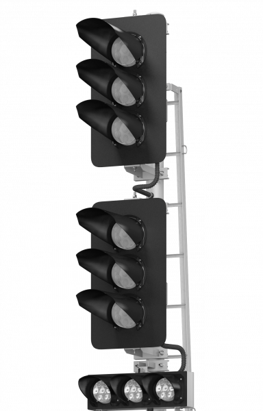 Светофор шестизначный со светодиодными светооптическими системами с указателем скорости, двумя маршрутными указателями и трансформаторным ящиком 18103-00-00 ТУ32 ЦШ 2141-2009 (со светодиодными светооптическими системами НКМР.676636.030ТУ)