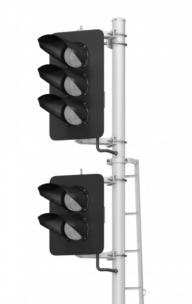 Светофор пятизначный со светодиодными светооптическими системами с трансформаторным ящиком 17681-00-00 ТУ32 ЦШ 2141-2009 (со светодиодными светооптическими системами НКМР.676636.030ТУ)
