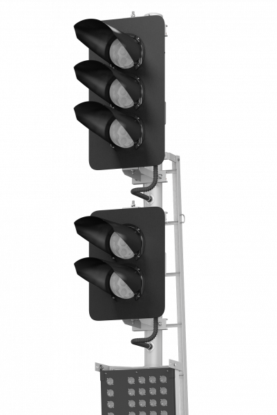 Светофор пятизначный со светодиодными светооптическими системами с маршрутным указателем, пригласительным сигналом и трансформаторным ящиком 18090-00-00 ТУ32 ЦШ 2141-2009 (со светодиодными светооптическими системами НКМР.676636.030ТУ)