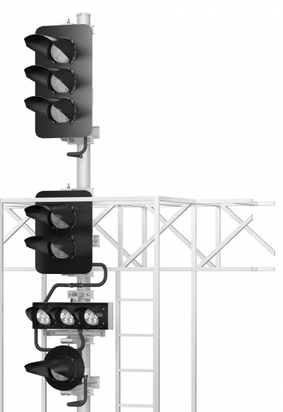 Светофор пятизначный со светодиодными светооптическими системами с указателем скорости и   пригласительным сигналом на мостиках и консолях 17977-00-00 ТУ32 ЦШ 2141-2009 (со светодиодными светооптическими системами НКМР.676636.030ТУ)