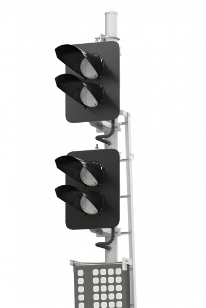 Светофор четырехзначный со светодиодными светооптическими системами с маршрутным указателем, пригласительным сигналом и трансформаторным ящиком (по габариту 3100) 18089-00-00 ТУ32 ЦШ 2141-2009 (со светодиодными светооптическими системами НКМР.676636.030ТУ