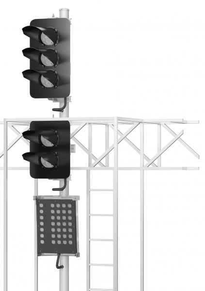 Светофор пятизначный со светодиодными светооптическими системами с маршрутным указателем на мостиках и консолях 17976-00-00 ТУ32 ЦШ 2141-2009 (со светодиодными светооптическими системами НКМР.676636.030ТУ)