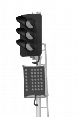 Светофор трехзначный со светодиодными светооптическими системами с маршрутным указателем 17673-00-00 ТУ32 ЦШ 2141-2009 (со светодиодными светооптическими системами НКМР.676636.030ТУ)