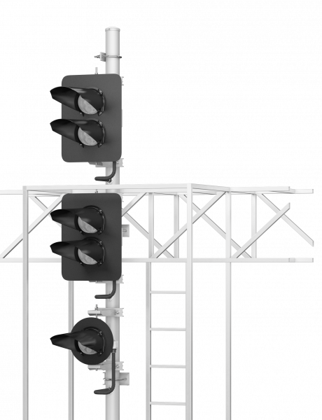 Светофор четырехзначный со светодиодными светооптическими системами с пригласительным сигналом на мостиках и консолях 17974-00-00 ТУ32 ЦШ 2141-2009 (со светодиодными светооптическими системами НКМР.676636.030ТУ)