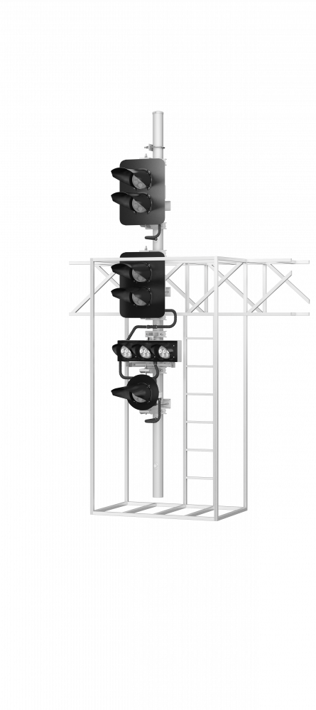 Светофор четырехзначный со светодиодными светооптическими системами с указателем скорости и   пригласительным сигналом на мостиках и консолях 17975-00-00 ТУ32 ЦШ 2141-2009 (со светодиодными светооптическими системами НКМР.676636.030ТУ)