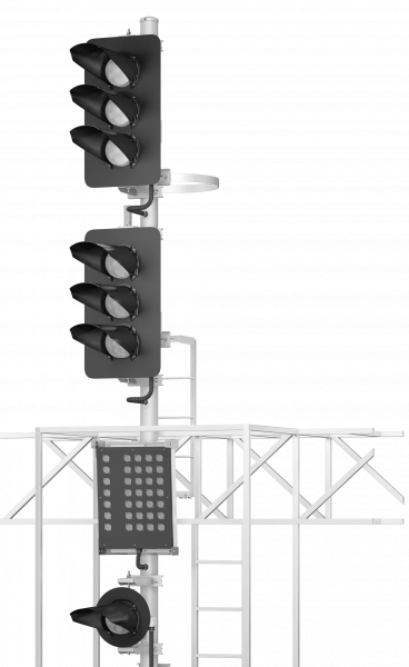 Светофор шестизначный со светодиодными светооптическими системами с маршрутным указателем и пригласительным сигналом на мостиках и консолях 17963-00-00 ТУ32 ЦШ 2141-2009 (со светодиодными светооптическими системами НКМР.676636.030ТУ)