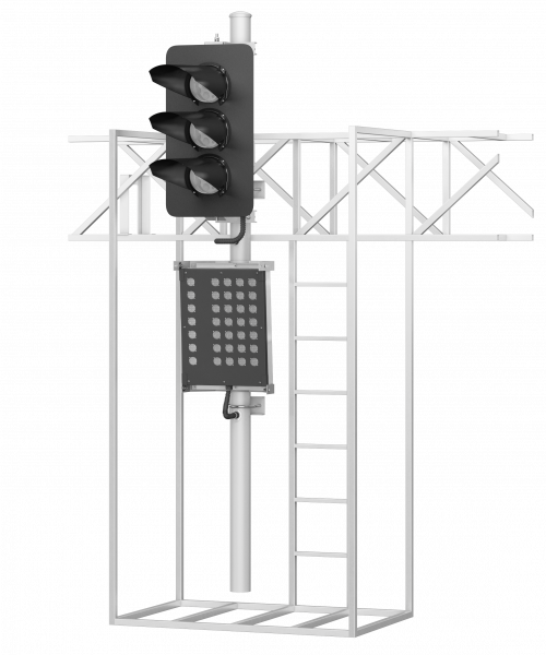 Светофор трехзначный со светодиодными светооптическими системами с маршрутным указателем на мостиках и консолях 17665-00-00 ТУ32 ЦШ 2141-2009 (со светодиодными светооптическими системами НКМР.676636.030ТУ)