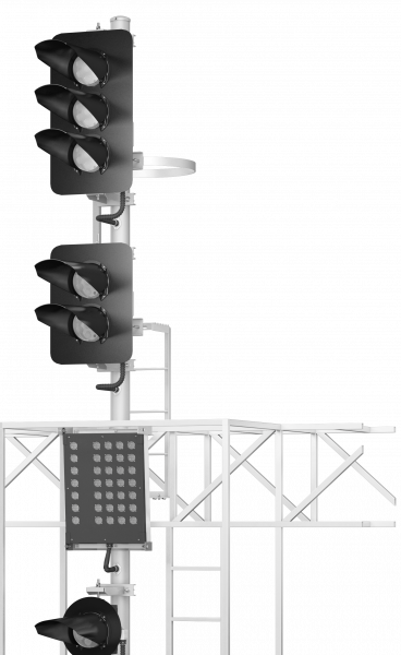 Светофор пятизначный со светодиодными светооптическими системами с маршрутным указателем и пригласительным сигналом на мостиках и консолях 18040-00-00 ТУ32 ЦШ 2141-2009 (со светодиодными светооптическими системами НКМР.676636.030ТУ)
