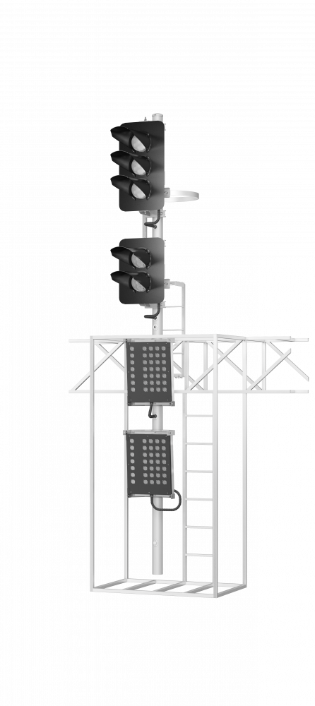 Светофор пятизначный со светодиодными светооптическими системами с двумя маршрутными указателями на мостиках и консолях 18039-00-00 ТУ32 ЦШ 2141-2009 (со светодиодными светооптическими системами НКМР.676636.030ТУ)